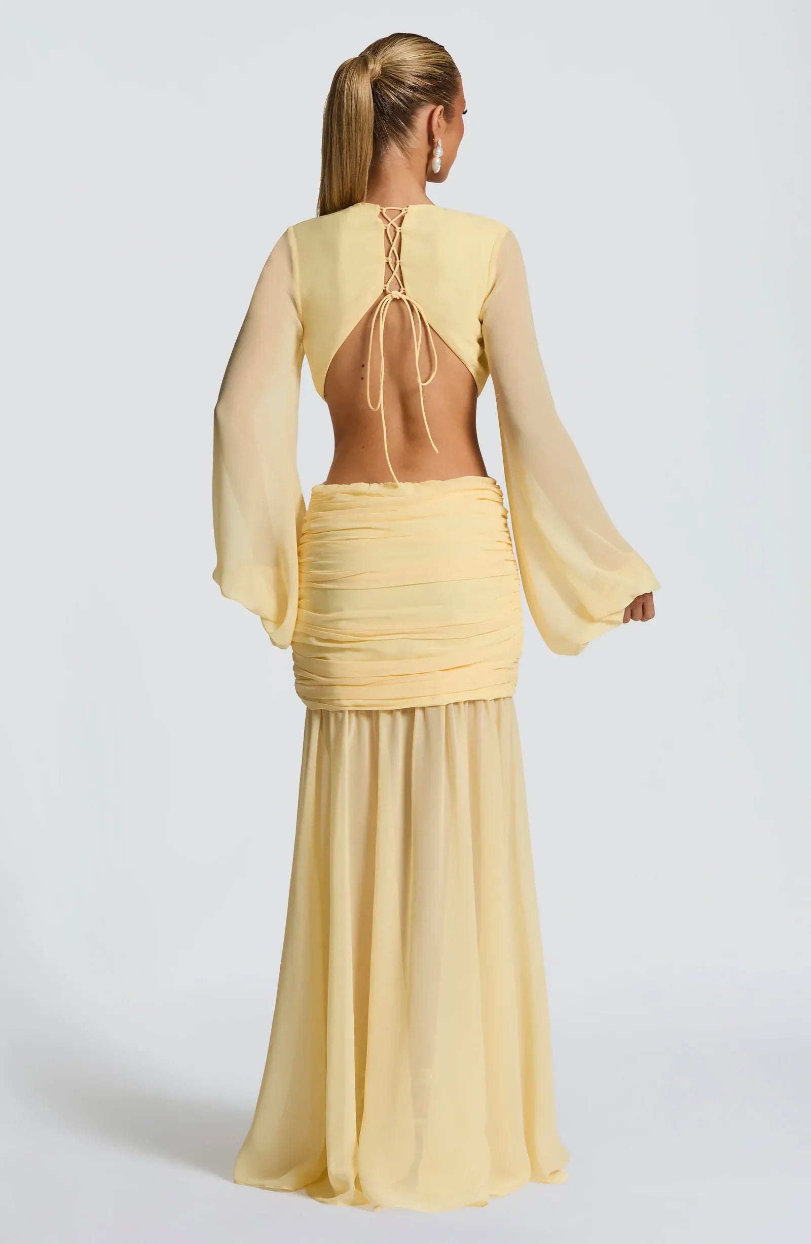 Long Bell Sleeve Deep V Cut Out Waist Tie Front Chiffon Pale Yellow Maxi Wedding Guest Dresses