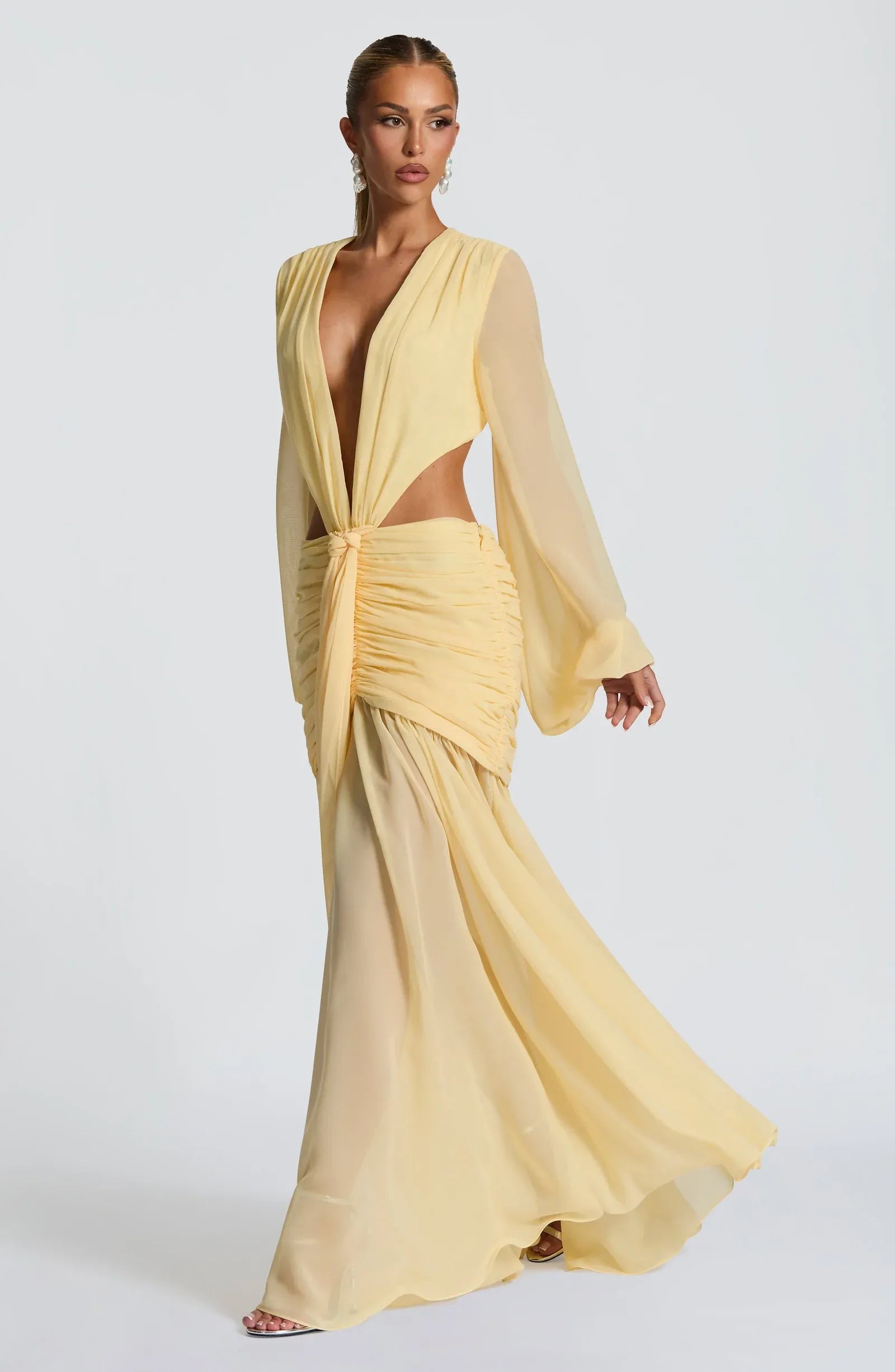 Long Bell Sleeve Deep V Cut Out Waist Tie Front Chiffon Pale Yellow Maxi Wedding Guest Dresses