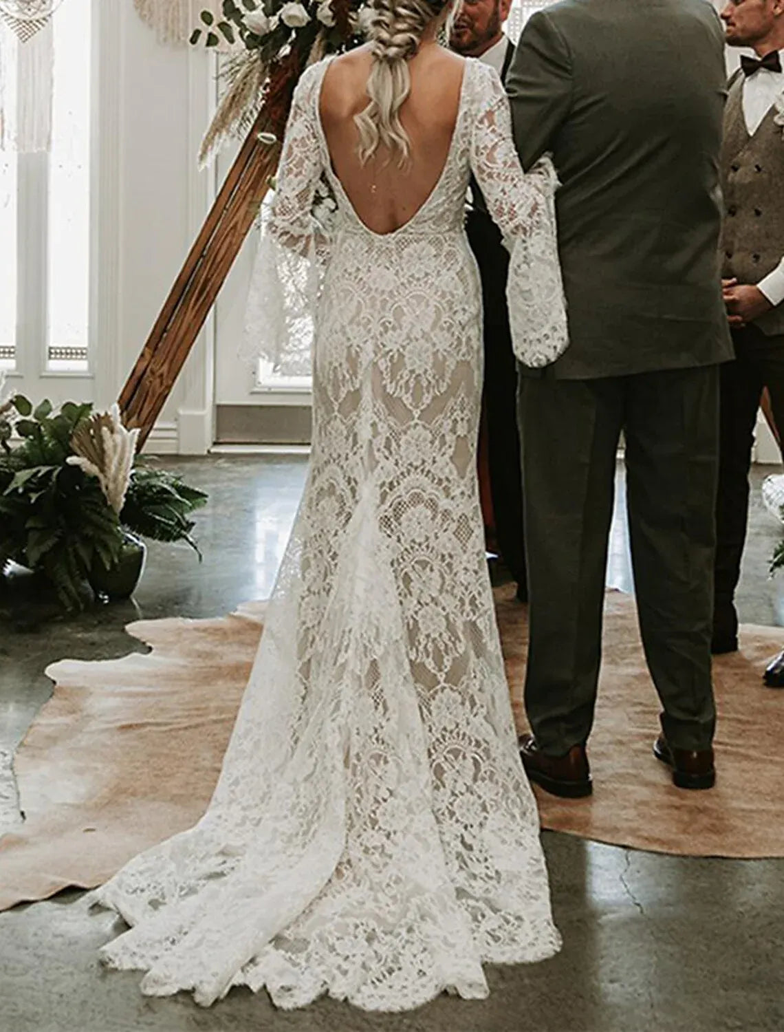 Long‑Bell‑Sleeve V‑Neck Sheer‑Lace Mermaid Boho Wedding Dress With Low‑Back Detail