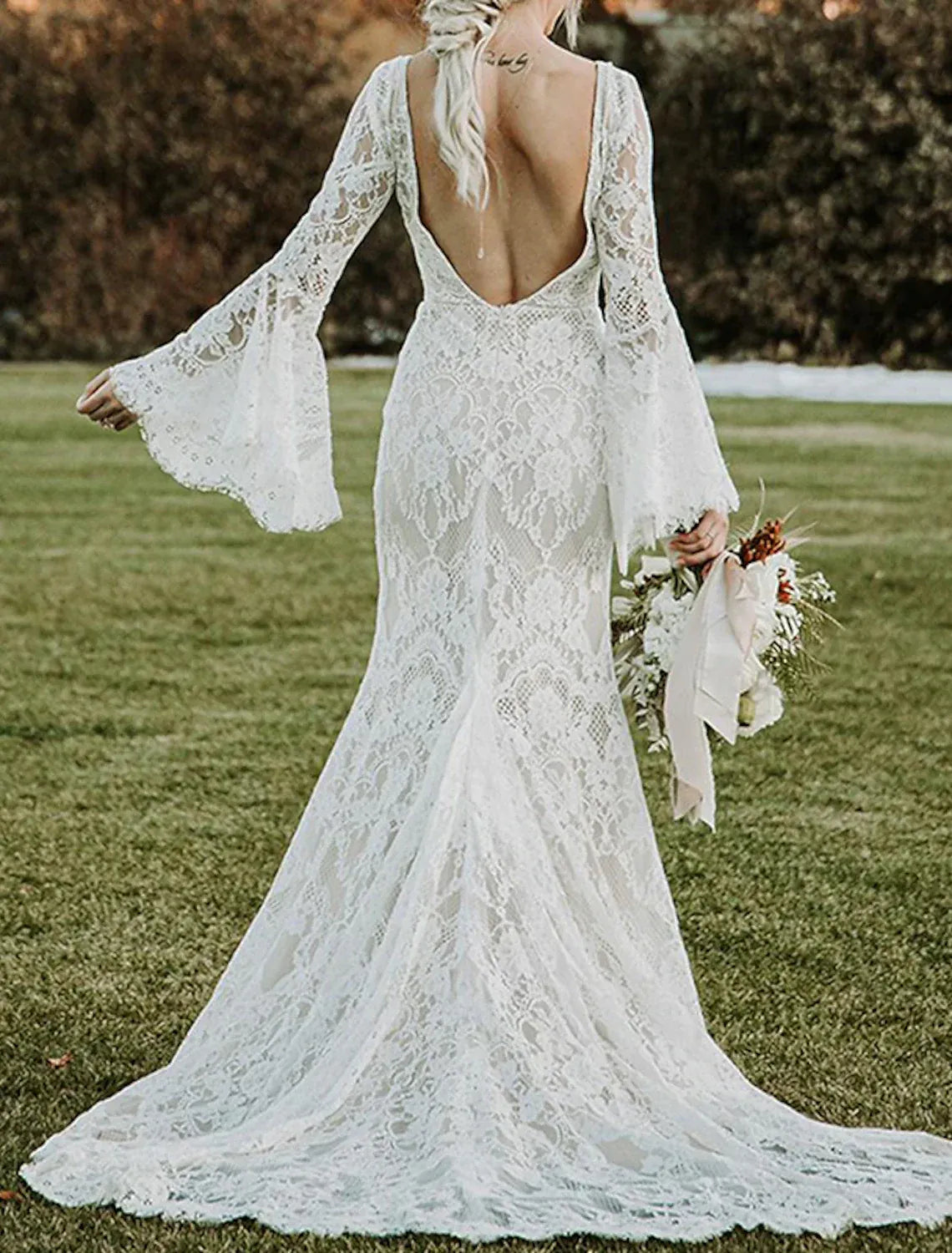 Long‑Bell‑Sleeve V‑Neck Sheer‑Lace Mermaid Boho Wedding Dress With Low‑Back Detail
