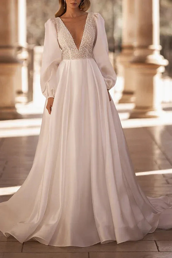 Long Puff Sleeve Deep V Beaded Bodice Open Back A Line Satin Wedding Dress
