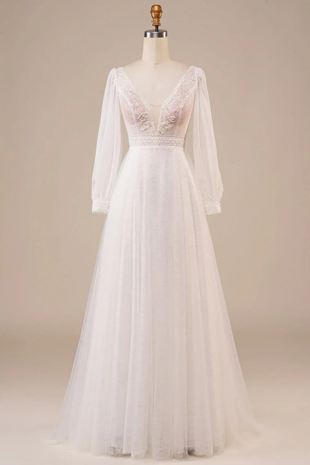 Long Puff Sleeve Deep V Sequin Lace Tulle A-Line Wedding Dress With Matching V Back Train