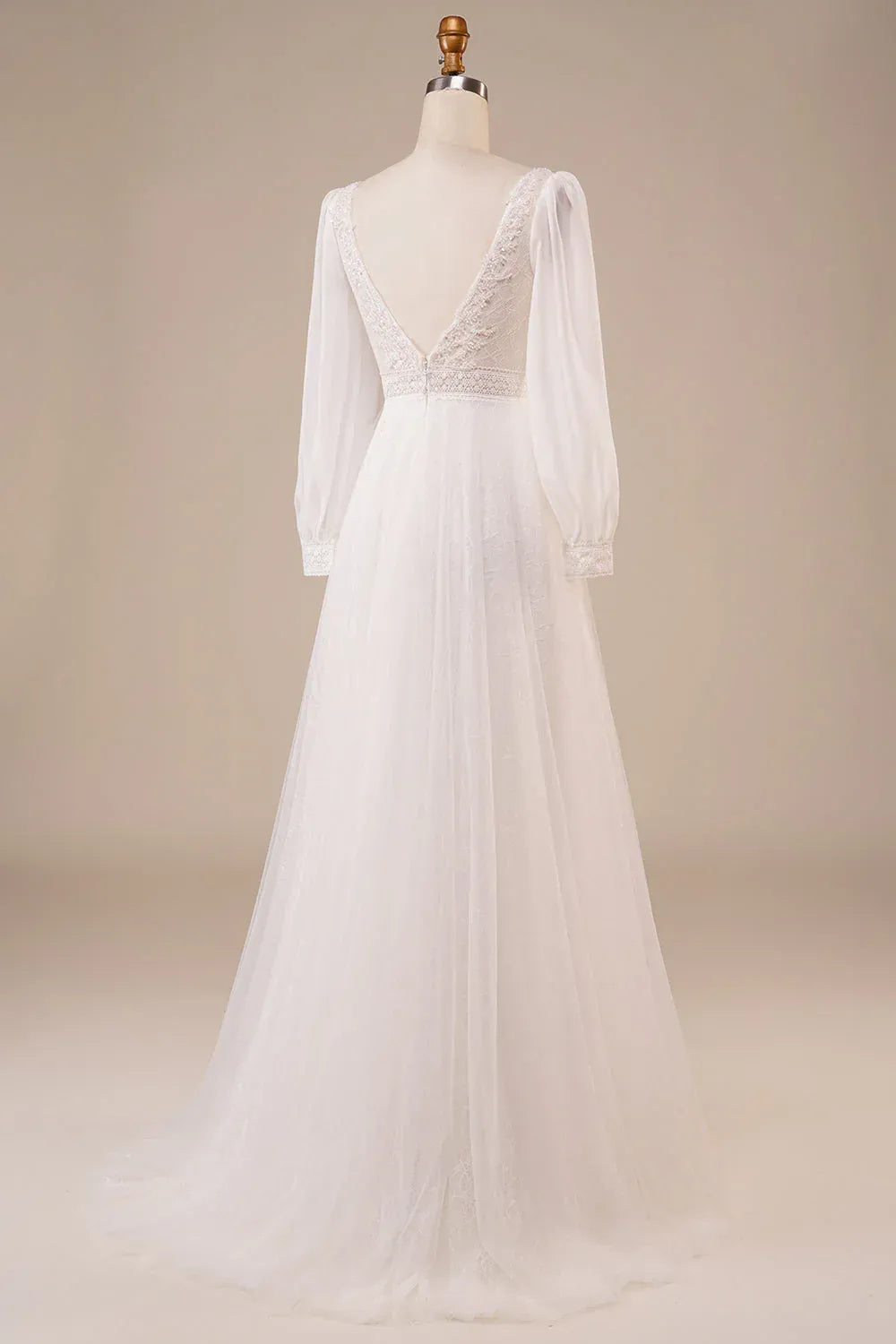 Long Puff Sleeve Deep V Sequin Lace Tulle A-Line Wedding Dress With Matching V Back Train