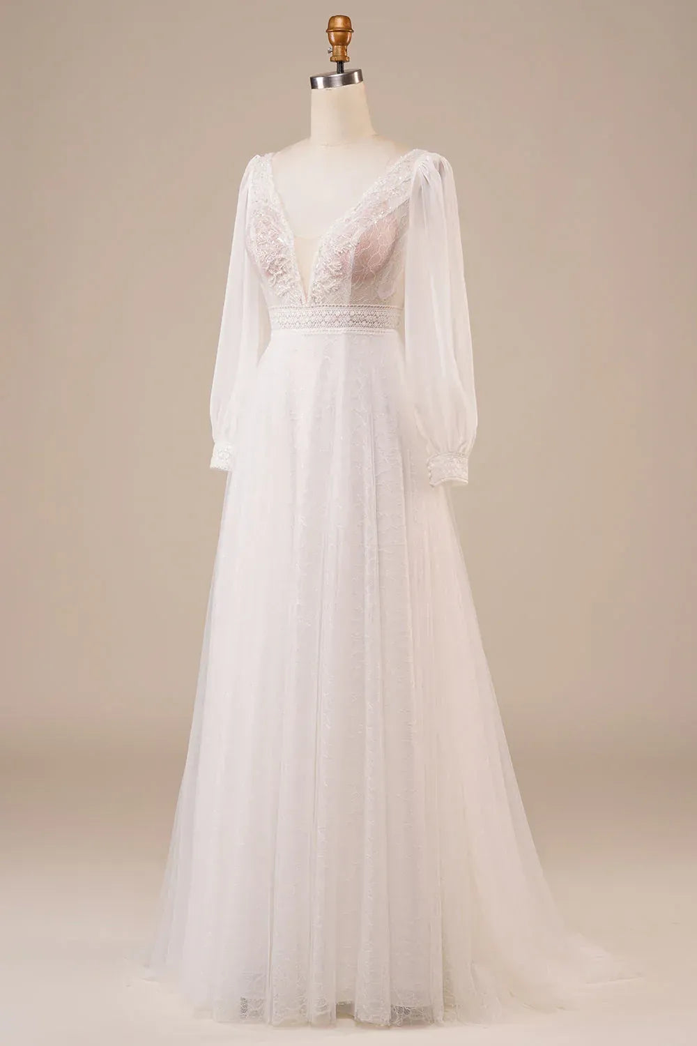 Long Puff Sleeve Deep V Sequin Lace Tulle A-Line Wedding Dress With Matching V Back Train
