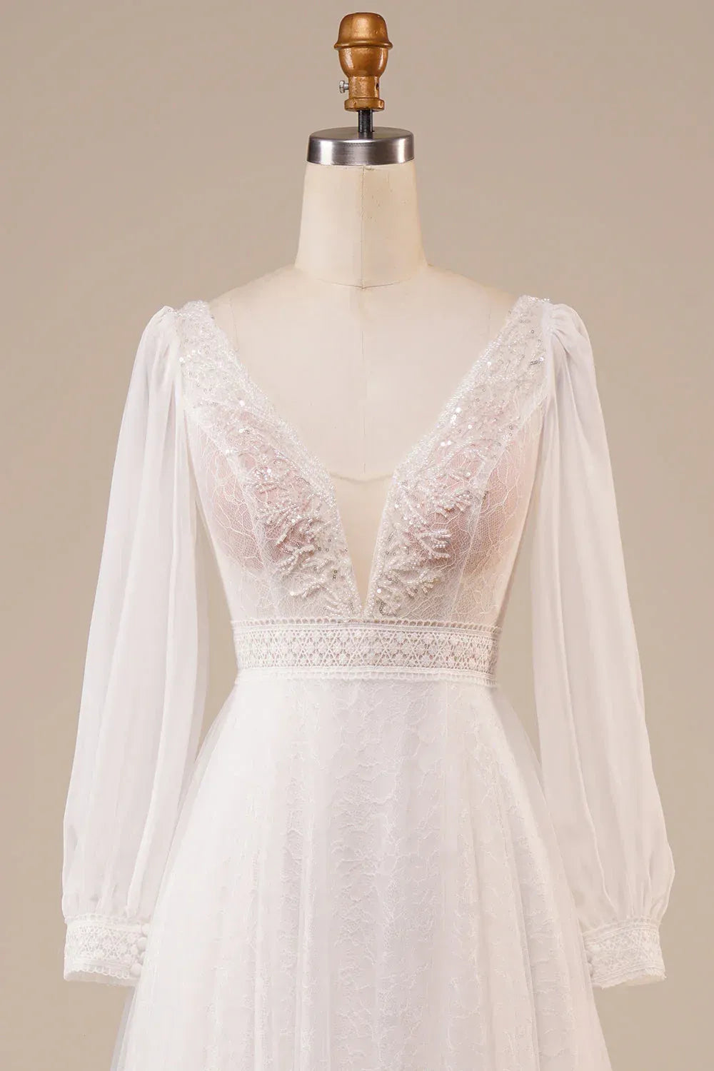 Long Puff Sleeve Deep V Sequin Lace Tulle A-Line Wedding Dress With Matching V Back Train