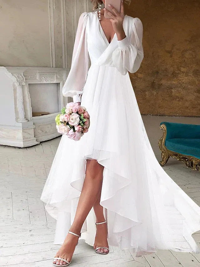 Long Puff Sleeve Deep V Wrap High Low Tier Chiffon Wedding Reception Dress