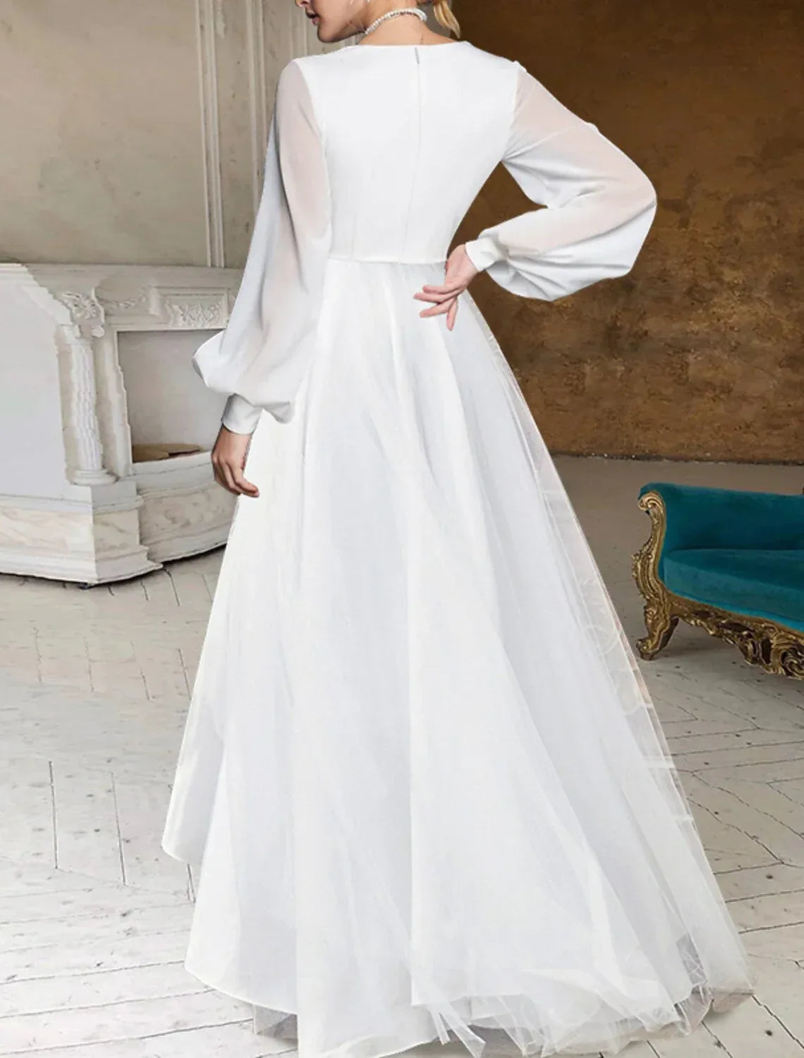Long Puff Sleeve Deep V Wrap High Low Tier Chiffon Wedding Reception Dress