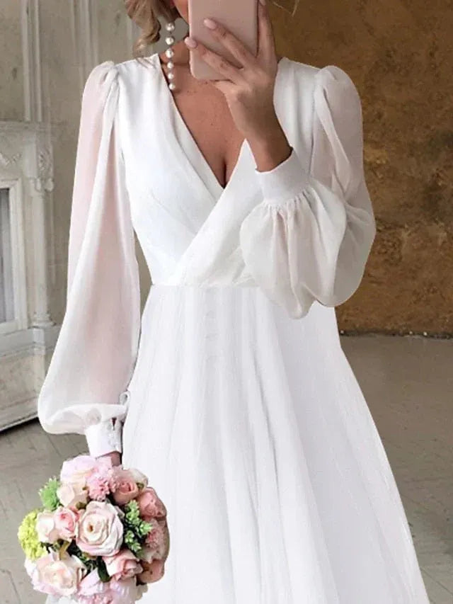 Long Puff Sleeve Deep V Wrap High Low Tier Chiffon Wedding Reception Dress