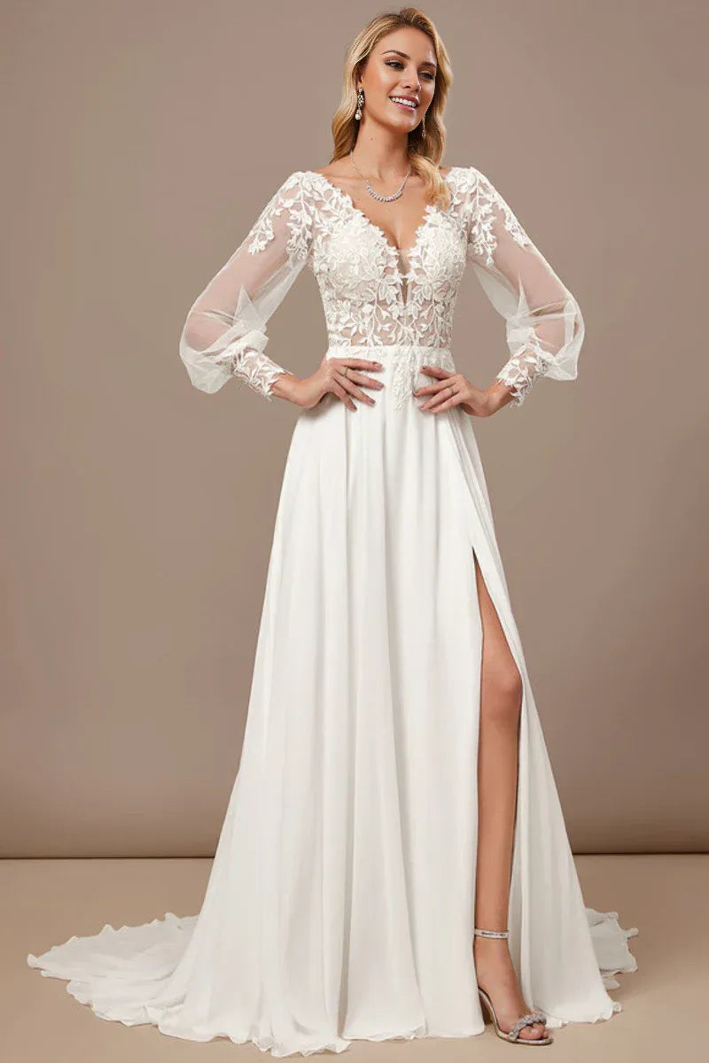 Long‑Puff‑Sleeve Floral‑Lace Chiffon A‑Line Wedding Dress With High‑Slit & Scoop‑Back Detail