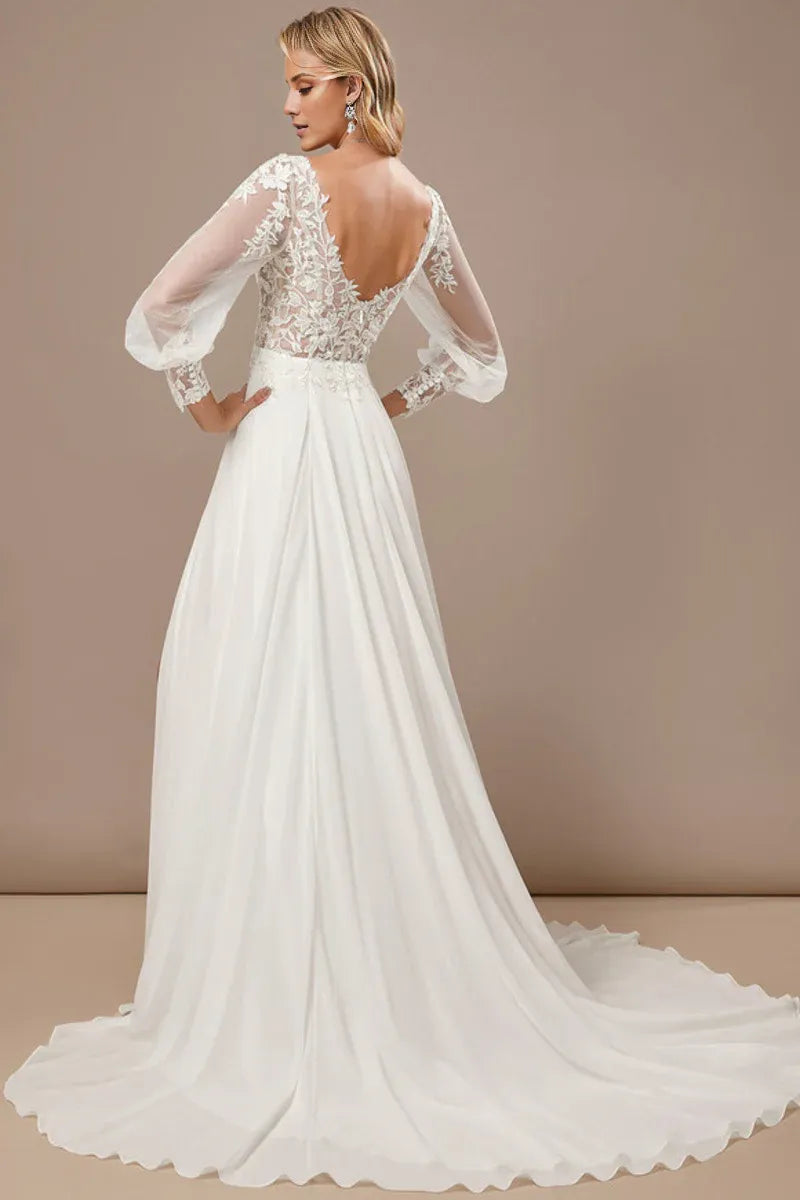 Long‑Puff‑Sleeve Floral‑Lace Chiffon A‑Line Wedding Dress With High‑Slit & Scoop‑Back Detail