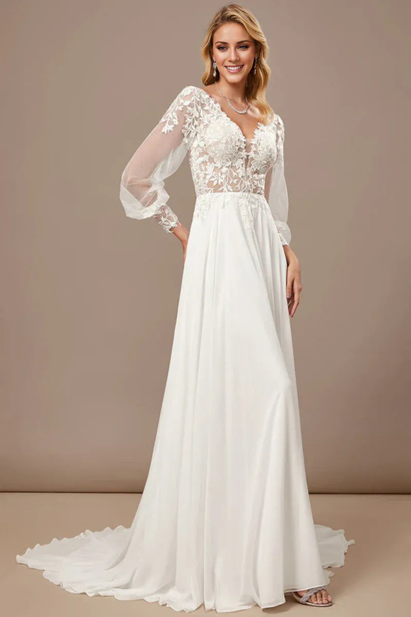 Long‑Puff‑Sleeve Floral‑Lace Chiffon A‑Line Wedding Dress With High‑Slit & Scoop‑Back Detail