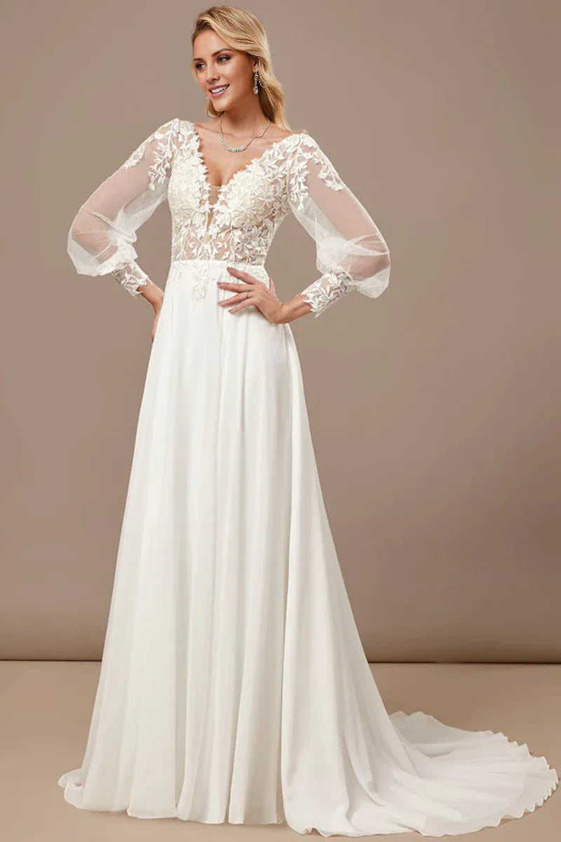 Long‑Puff‑Sleeve Floral‑Lace Chiffon A‑Line Wedding Dress With High‑Slit & Scoop‑Back Detail