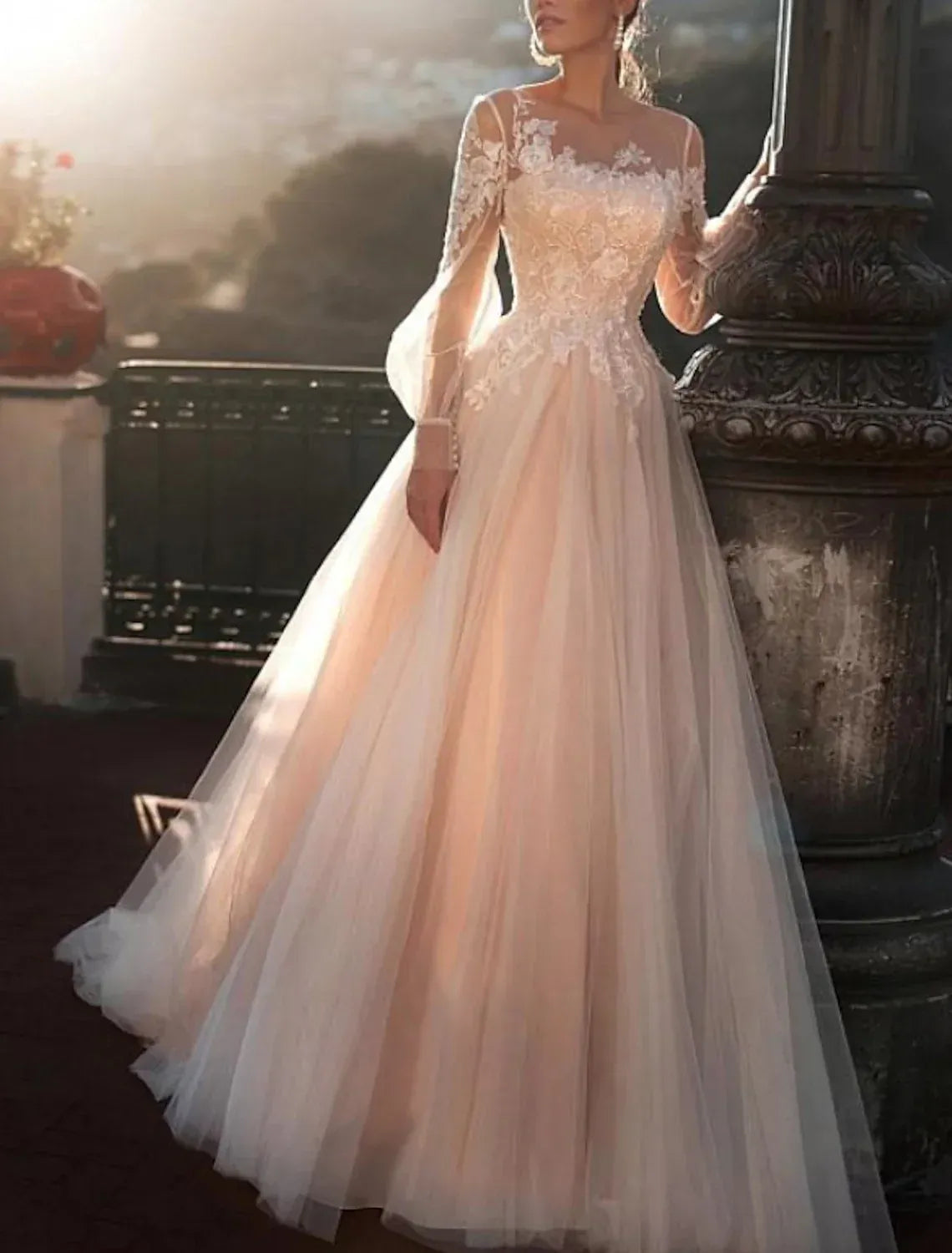 Long Puff Sleeve Illusion High Neck Floral Lace Blush Tulle A-Line Wedding Dress With Train