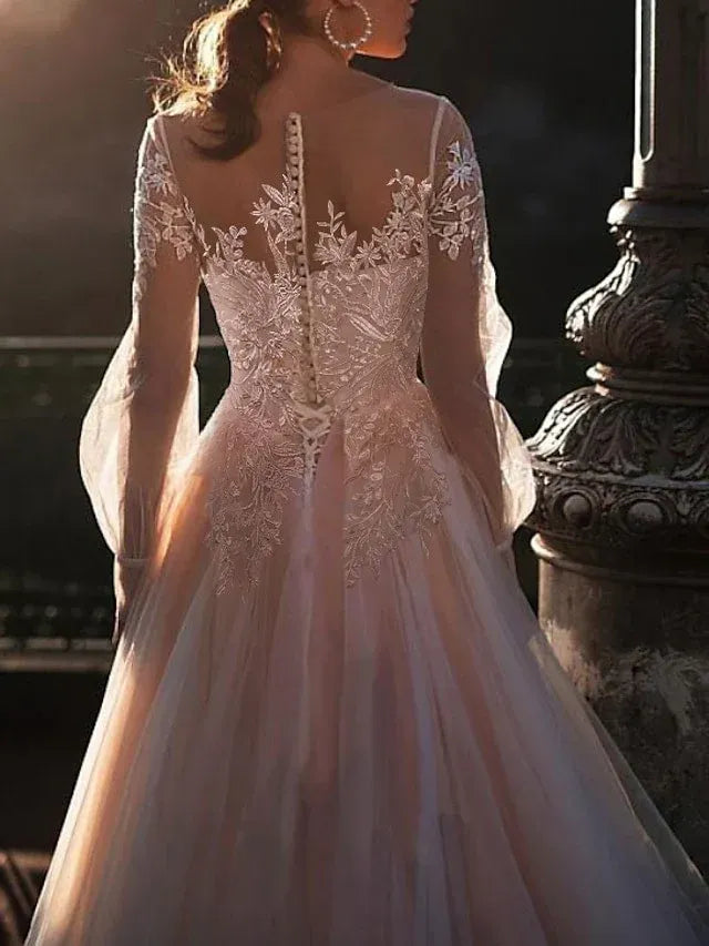 Long Puff Sleeve Illusion High Neck Floral Lace Blush Tulle A-Line Wedding Dress With Train