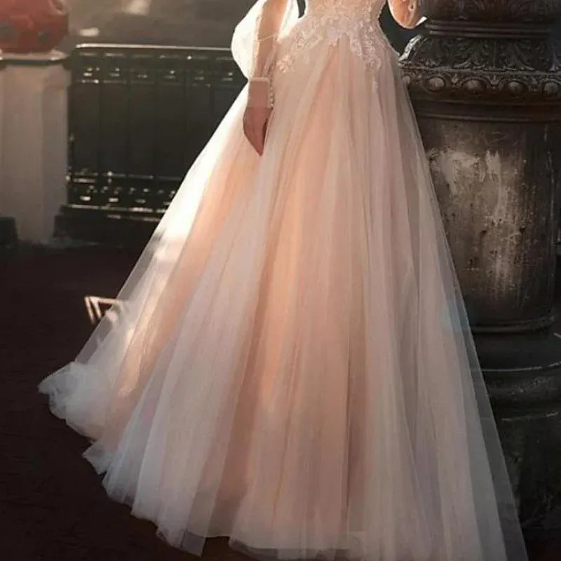 Long Puff Sleeve Illusion High Neck Floral Lace Blush Tulle A-Line Wedding Dress With Train