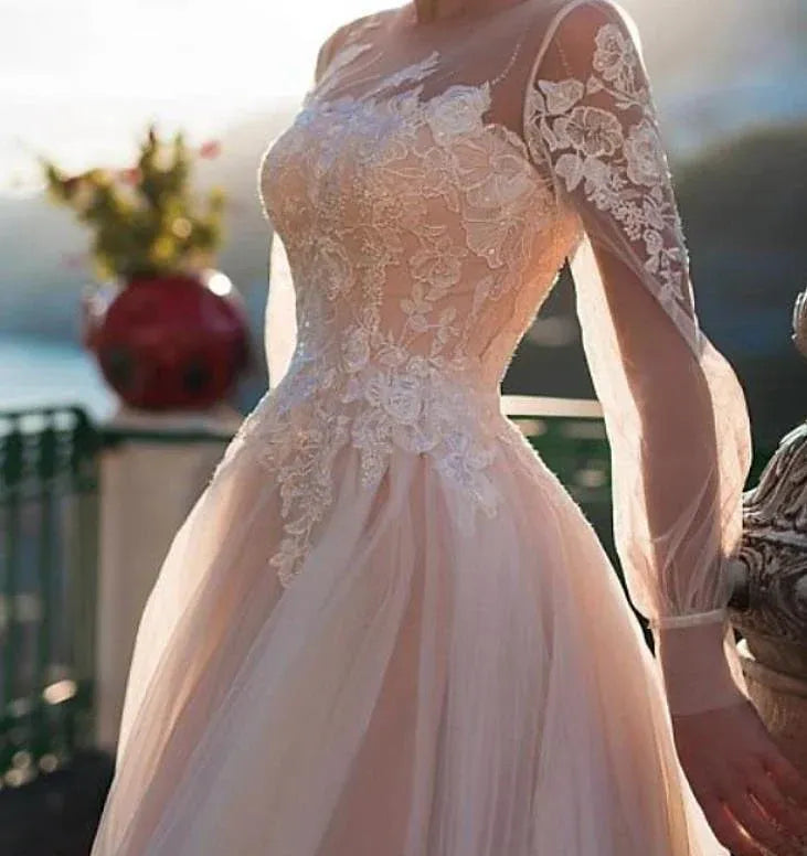 Long Puff Sleeve Illusion High Neck Floral Lace Blush Tulle A-Line Wedding Dress With Train