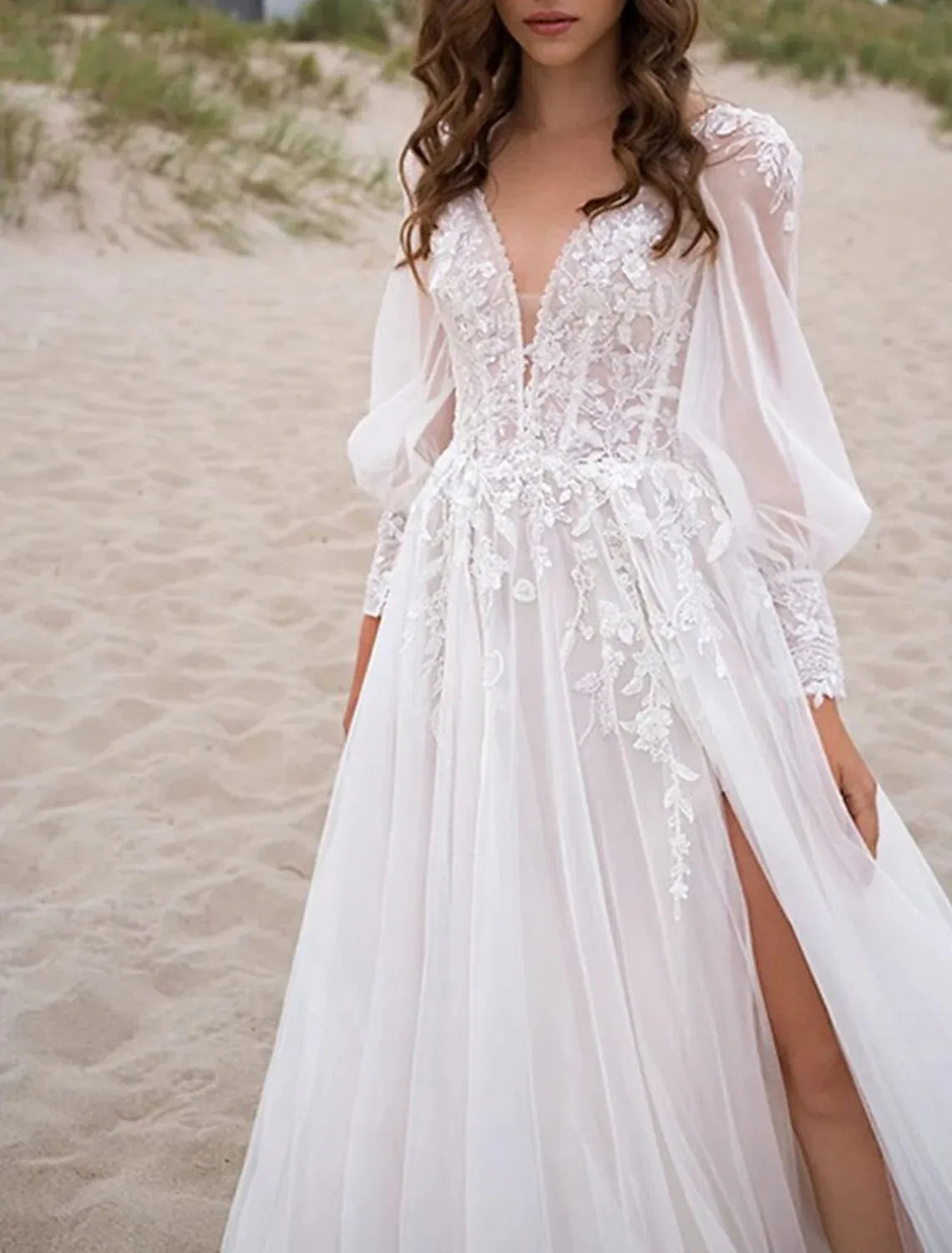 Long‑Puff‑Sleeve Plunging‑V Floral‑Lace Tulle A‑Line Beach Wedding Dress