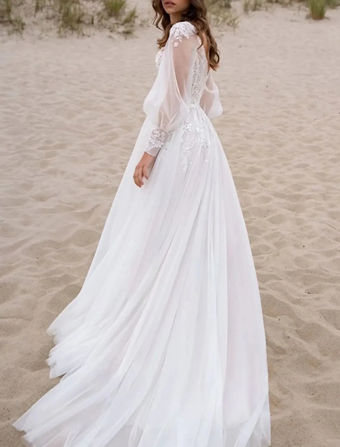 Long‑Puff‑Sleeve Plunging‑V Floral‑Lace Tulle A‑Line Beach Wedding Dress