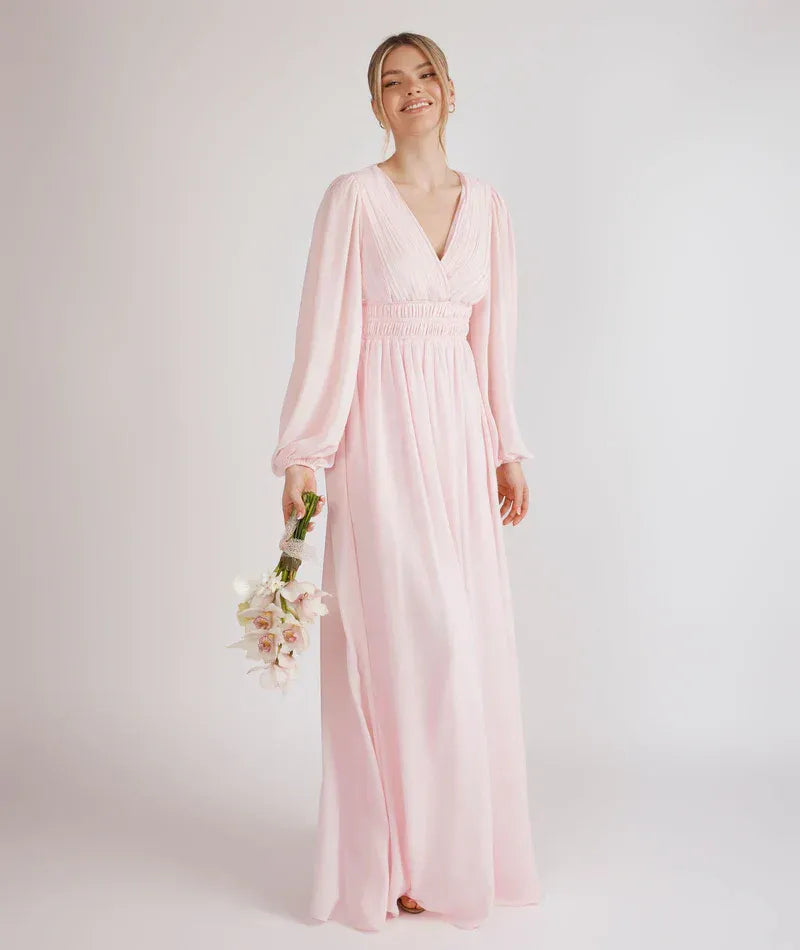 Long Puff Sleeve V Neck Smocked Waist A Line Chiffon Bridesmaid Dress