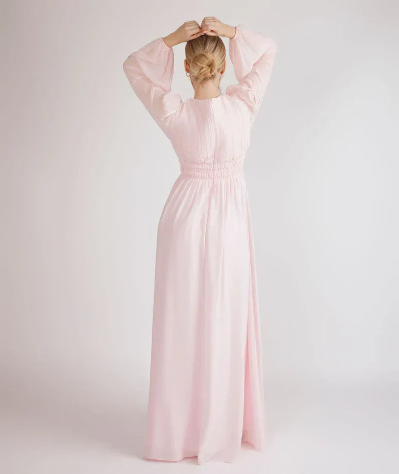 Long Puff Sleeve V Neck Smocked Waist A Line Chiffon Bridesmaid Dress