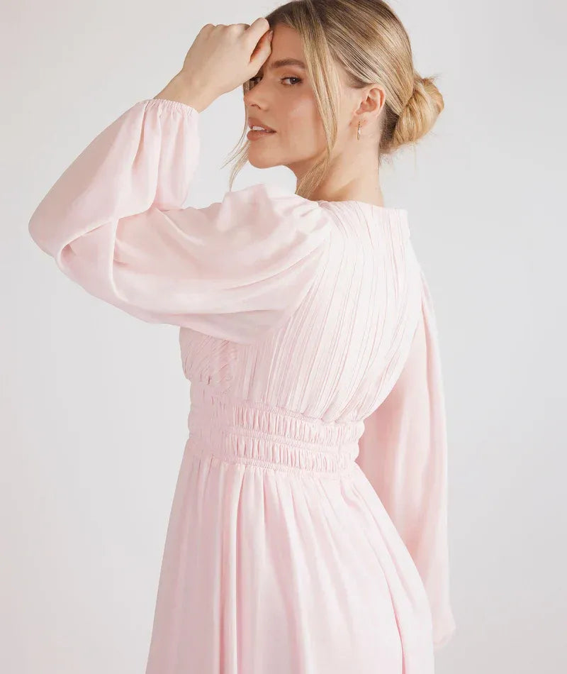 Long Puff Sleeve V Neck Smocked Waist A Line Chiffon Bridesmaid Dress