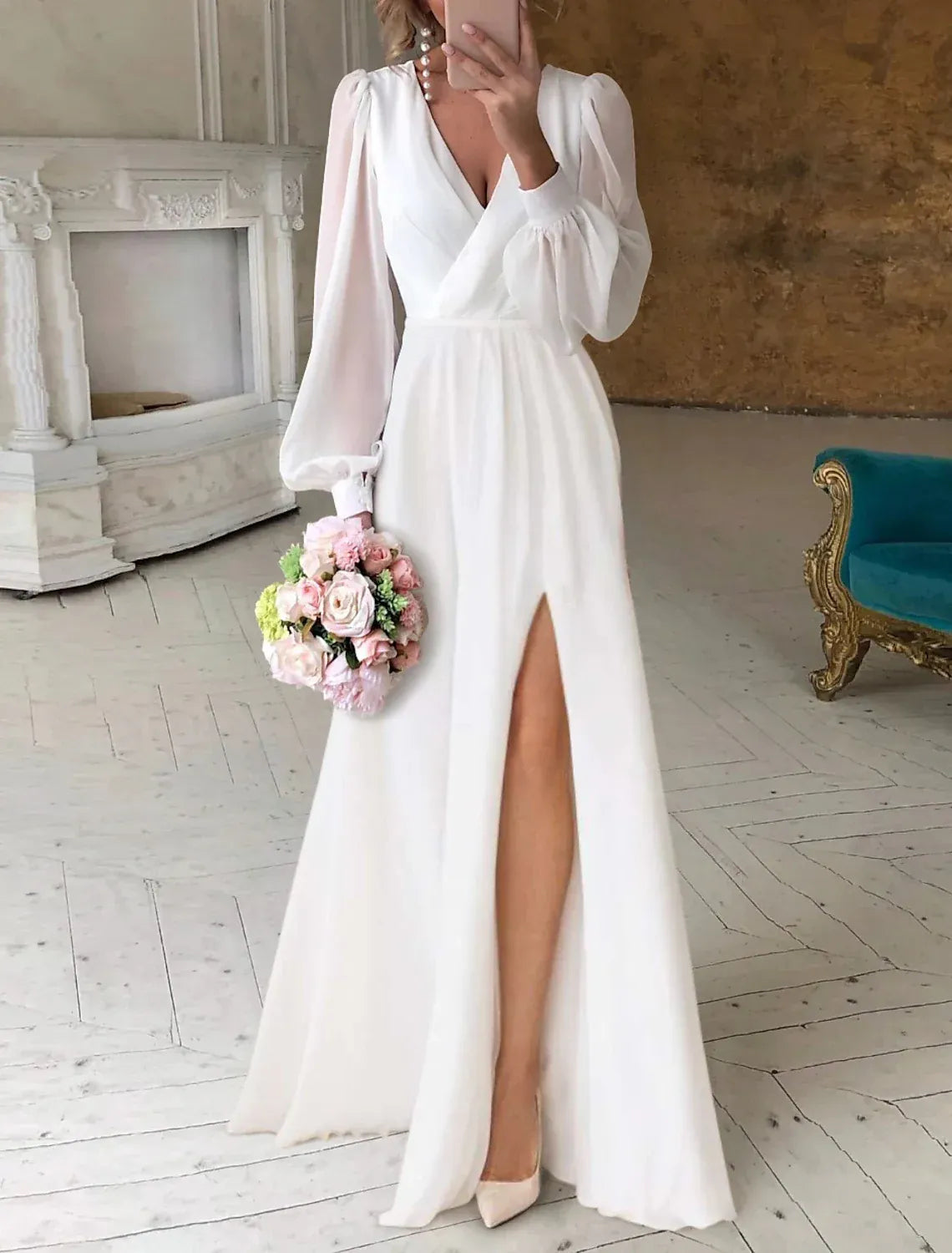 Long‑Puff‑Sleeve Wrap‑Front Chiffon A‑Line Wedding Dress With Deep‑V Back & High Slit