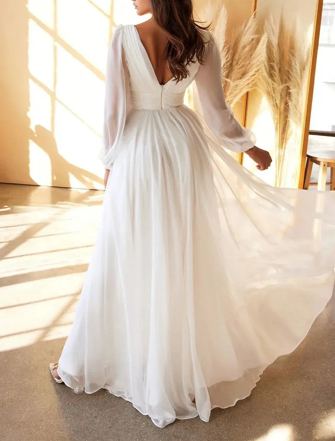 Long‑Puff‑Sleeve Wrap‑Front Chiffon A‑Line Wedding Dress With Deep‑V Back & High Slit