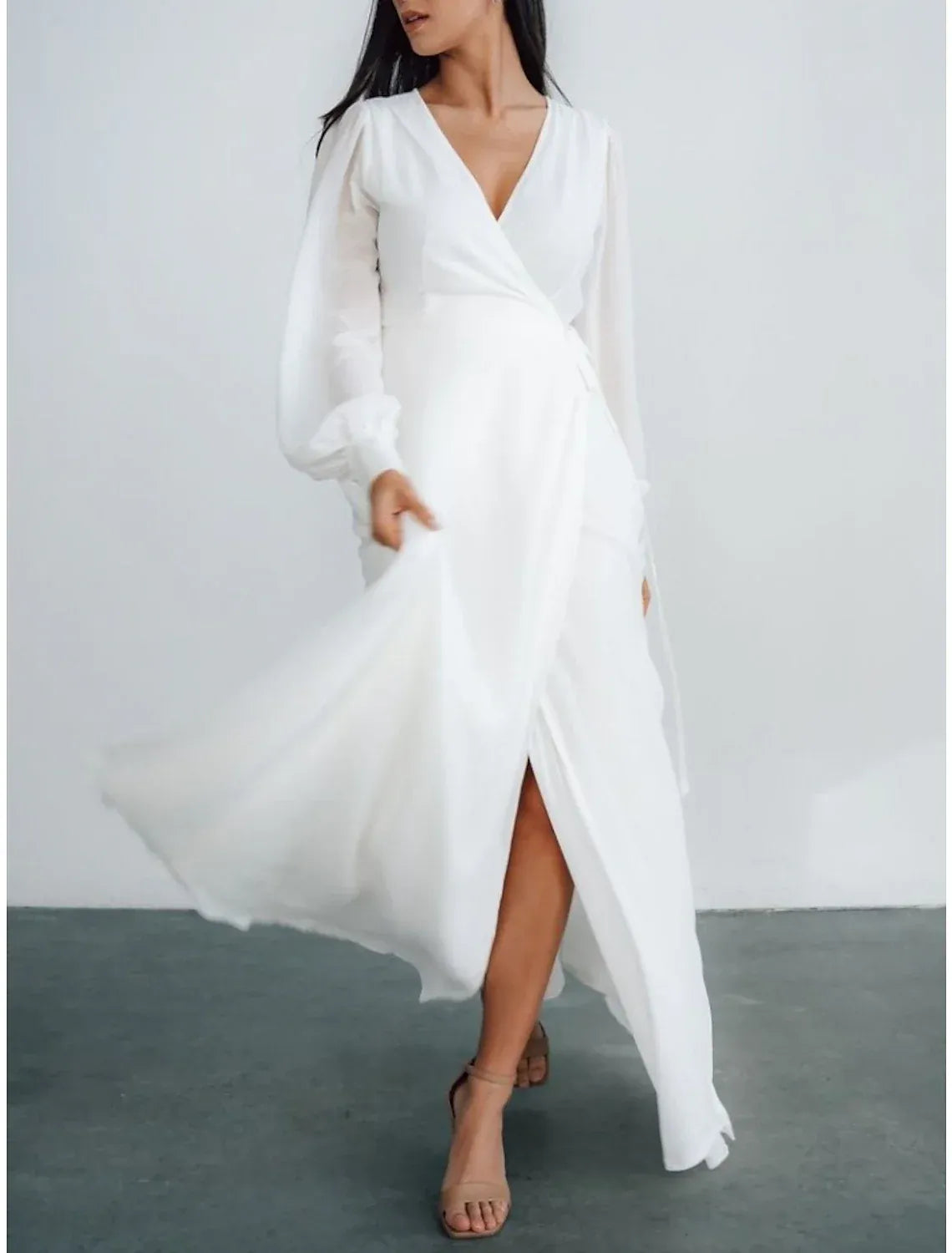 Long‑Puff‑Sleeve Wrap‑Front Chiffon High‑Slit A‑Line Wedding Dress