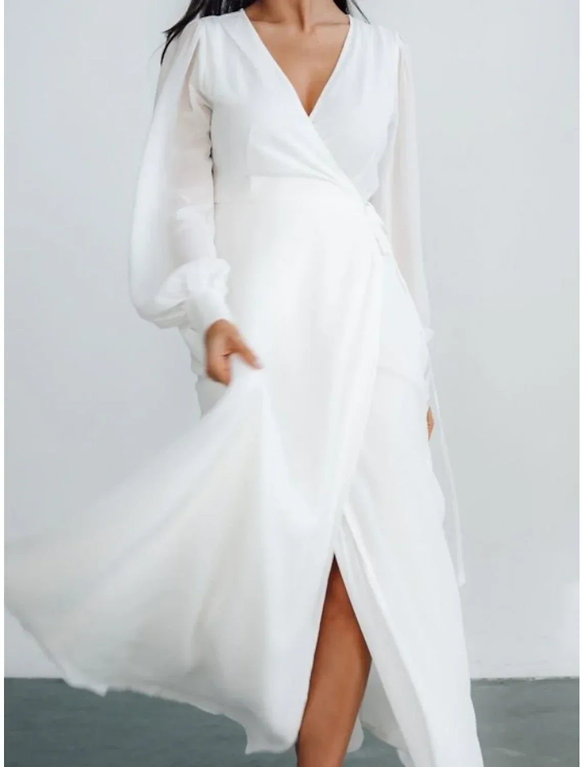 Long‑Puff‑Sleeve Wrap‑Front Chiffon High‑Slit A‑Line Wedding Dress