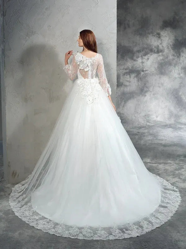 Long‑Sheer‑Sleeve 3D Floral‑Appliqué Tulle Ball‑Gown Wedding Dress With Illusion Back