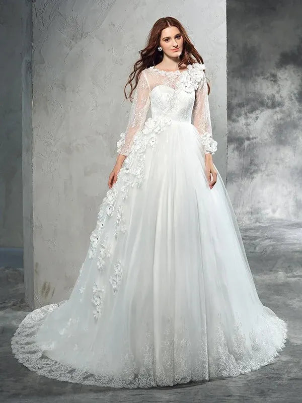 Long‑Sheer‑Sleeve 3D Floral‑Appliqué Tulle Ball‑Gown Wedding Dress With Illusion Back