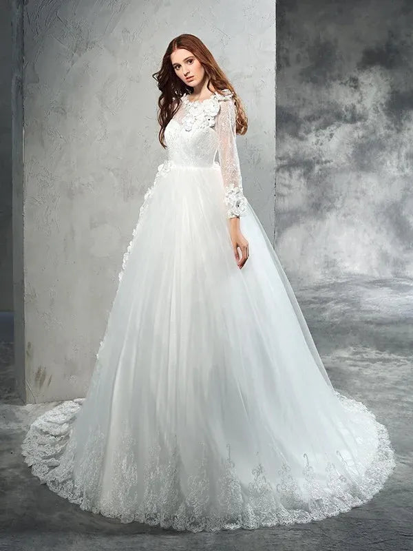 Long‑Sheer‑Sleeve 3D Floral‑Appliqué Tulle Ball‑Gown Wedding Dress With Illusion Back