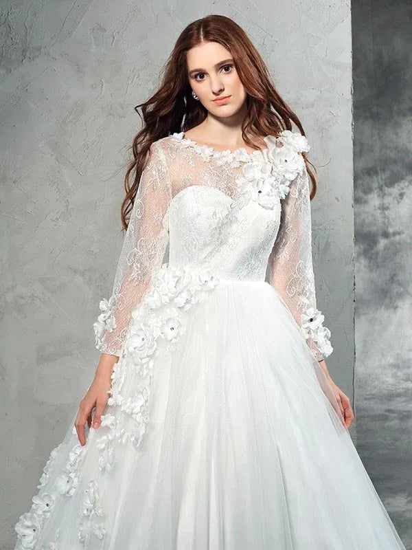 Long‑Sheer‑Sleeve 3D Floral‑Appliqué Tulle Ball‑Gown Wedding Dress With Illusion Back