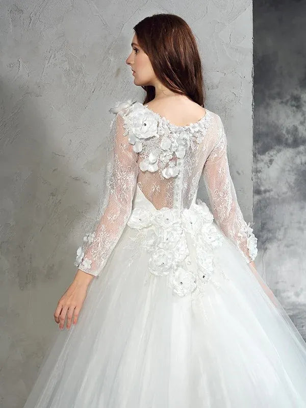 Long‑Sheer‑Sleeve 3D Floral‑Appliqué Tulle Ball‑Gown Wedding Dress With Illusion Back