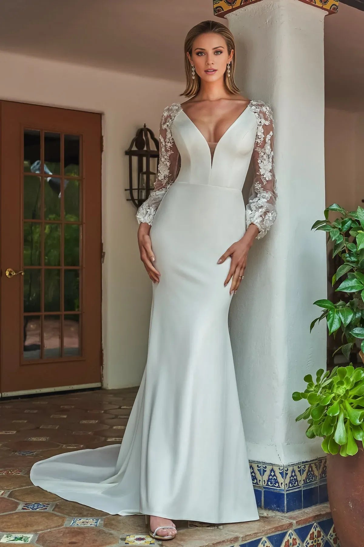 Long‑Sleeve 3D‑Floral‑Lace Satin Mermaid Wedding Dress With Sheer‑Illusion‑Back Detail