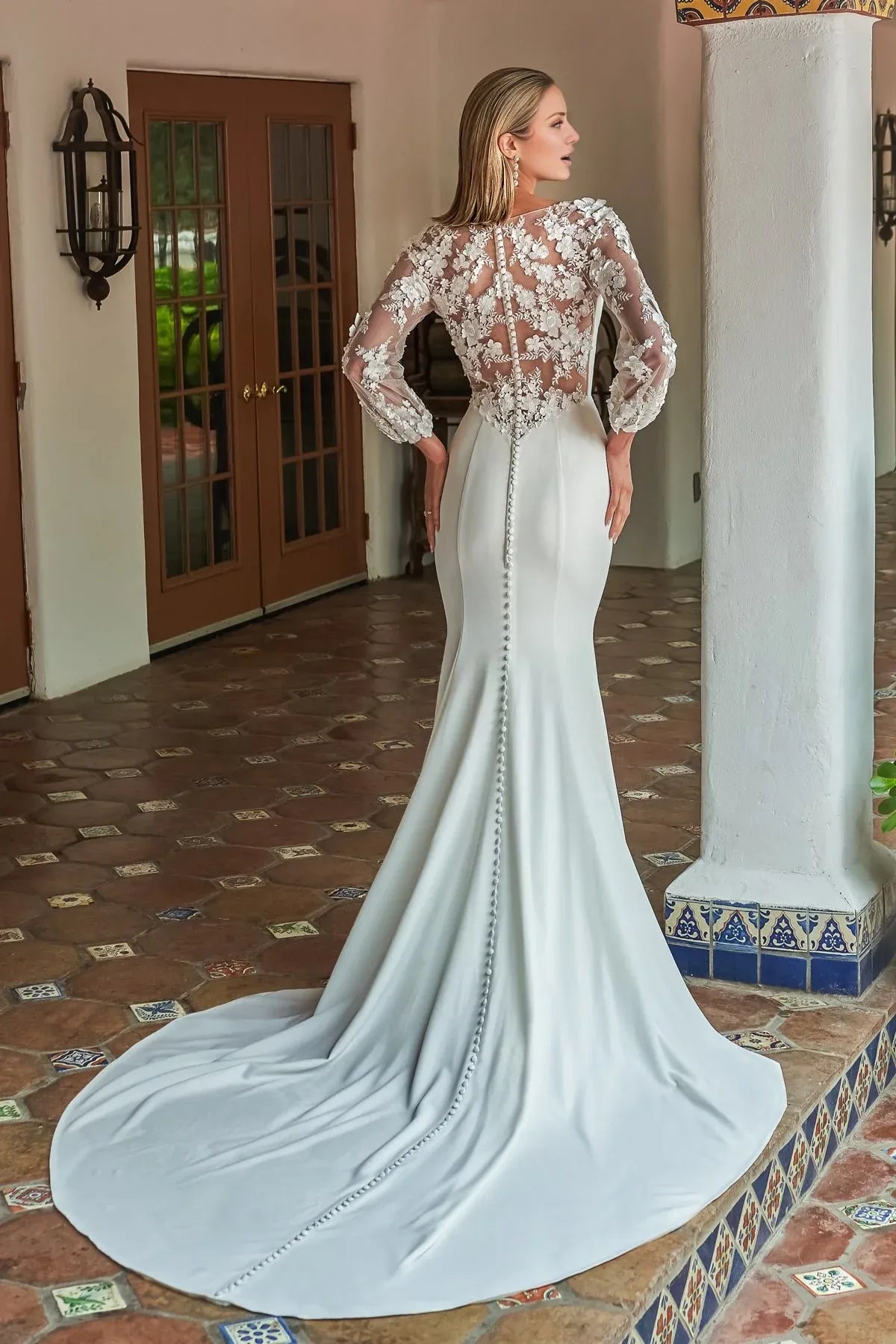 Long‑Sleeve 3D‑Floral‑Lace Satin Mermaid Wedding Dress With Sheer‑Illusion‑Back Detail