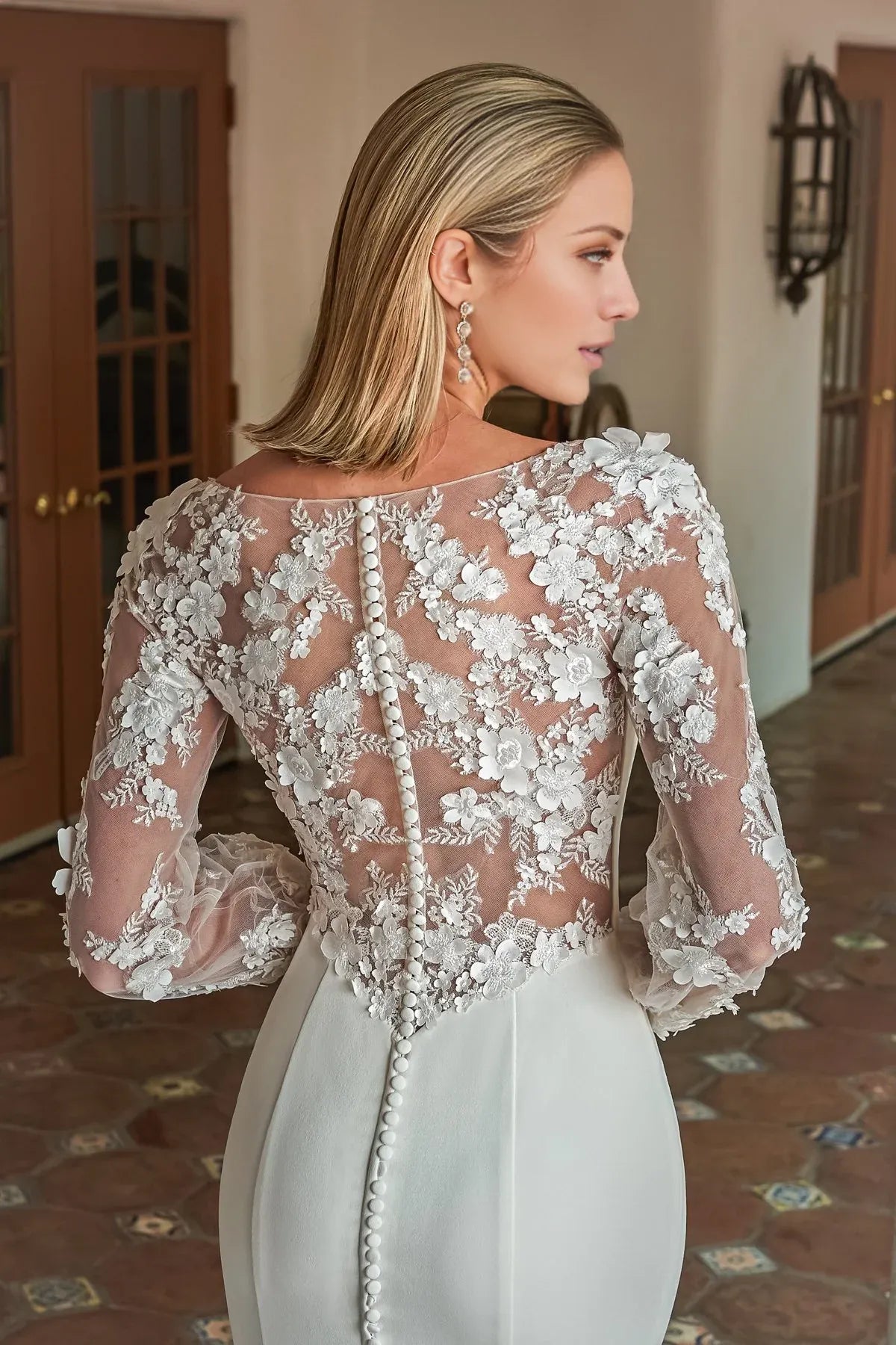Long‑Sleeve 3D‑Floral‑Lace Satin Mermaid Wedding Dress With Sheer‑Illusion‑Back Detail