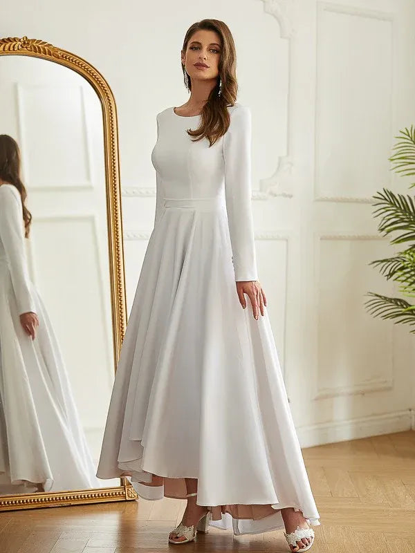 Long‑Sleeve Bateau‑Neck Crepe A‑Line Wedding Dress With Deep‑V‑Back & High‑Low Skirt