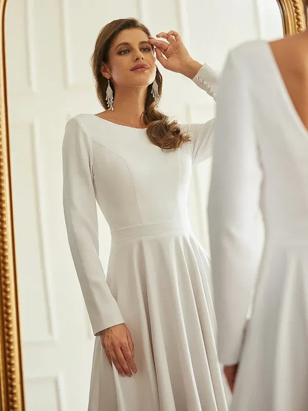 Long‑Sleeve Bateau‑Neck Crepe A‑Line Wedding Dress With Deep‑V‑Back & High‑Low Skirt