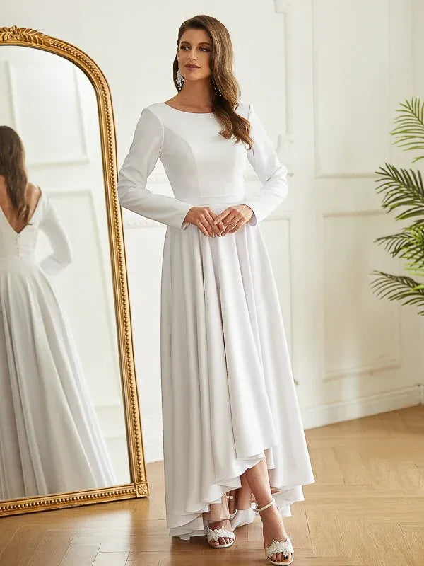 Long‑Sleeve Bateau‑Neck Crepe A‑Line Wedding Dress With Deep‑V‑Back & High‑Low Skirt