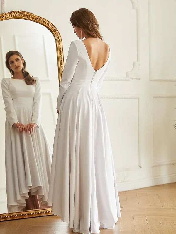 Long‑Sleeve Bateau‑Neck Crepe A‑Line Wedding Dress With Deep‑V‑Back & High‑Low Skirt