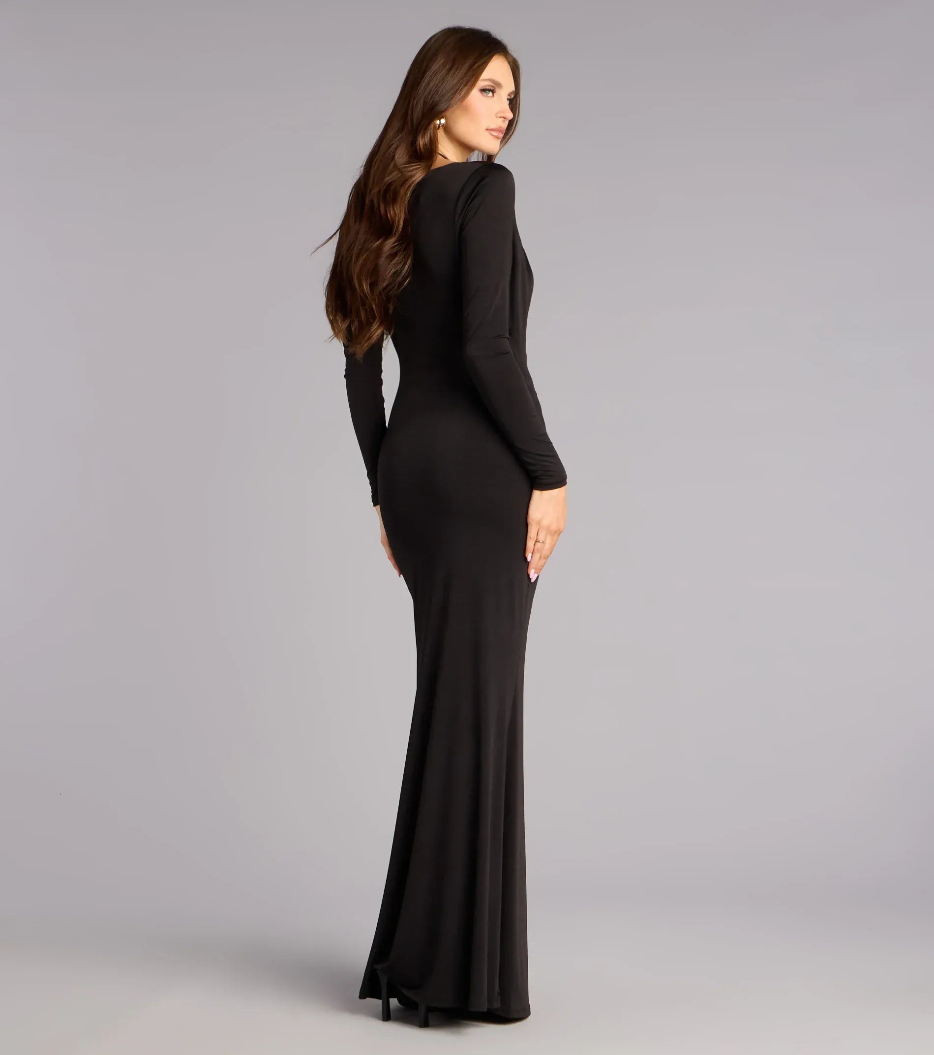 Long Sleeve Cowl Cutout Gold Hardware Mermaid Maxi Wedding Guest Dress