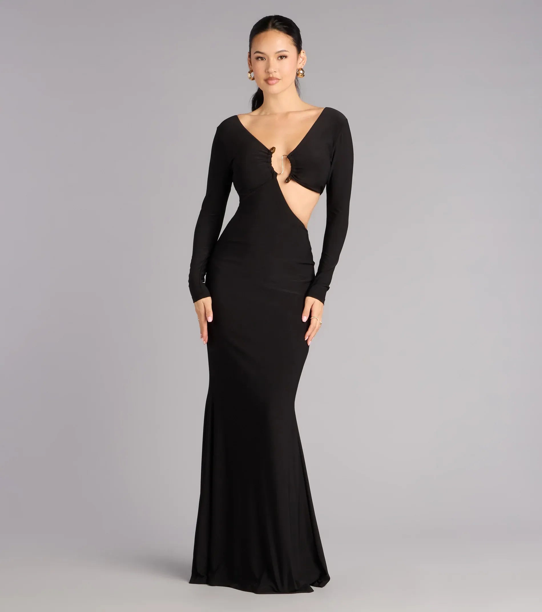 Long Sleeve Deep V Metal Ring Asymmetrical Cutout V Back Plain Slit Black Jersey Mermaid Maxi Wedding Guest Dresses
