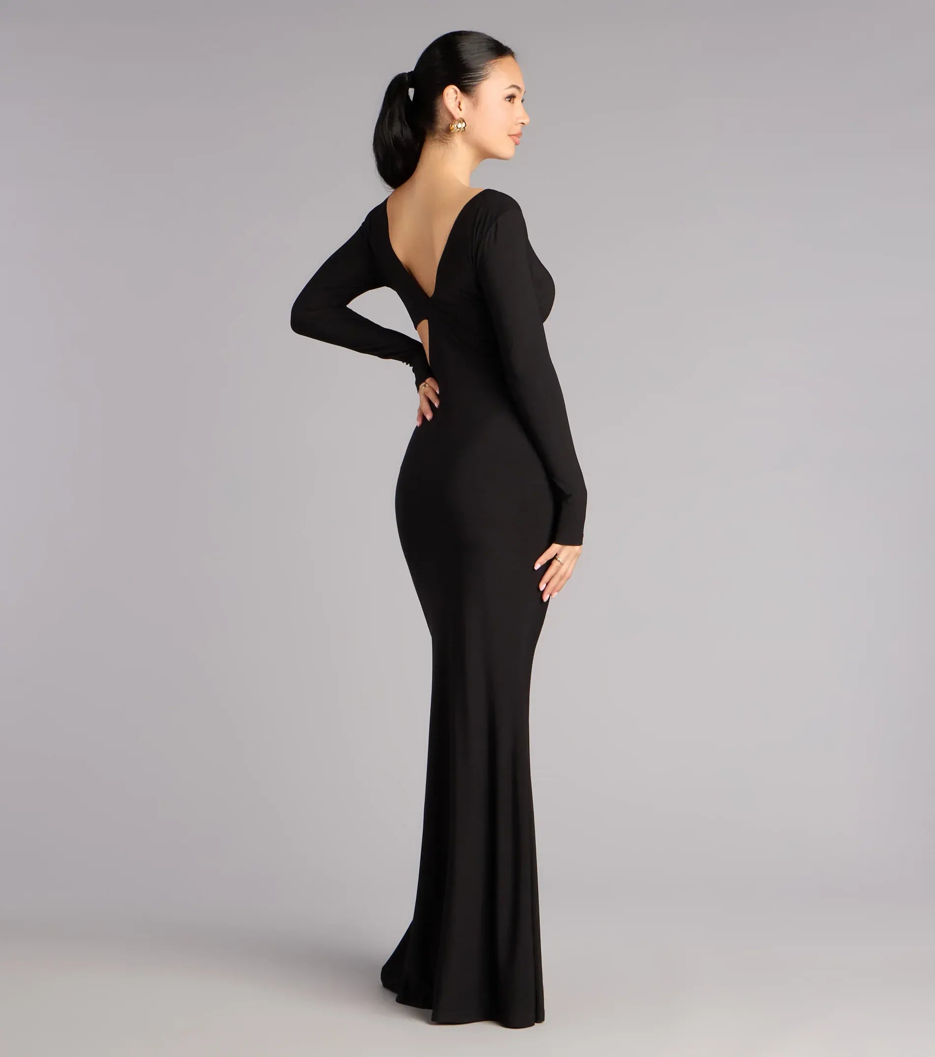 Long Sleeve Deep V Metal Ring Asymmetrical Cutout V Back Plain Slit Black Jersey Mermaid Maxi Wedding Guest Dresses