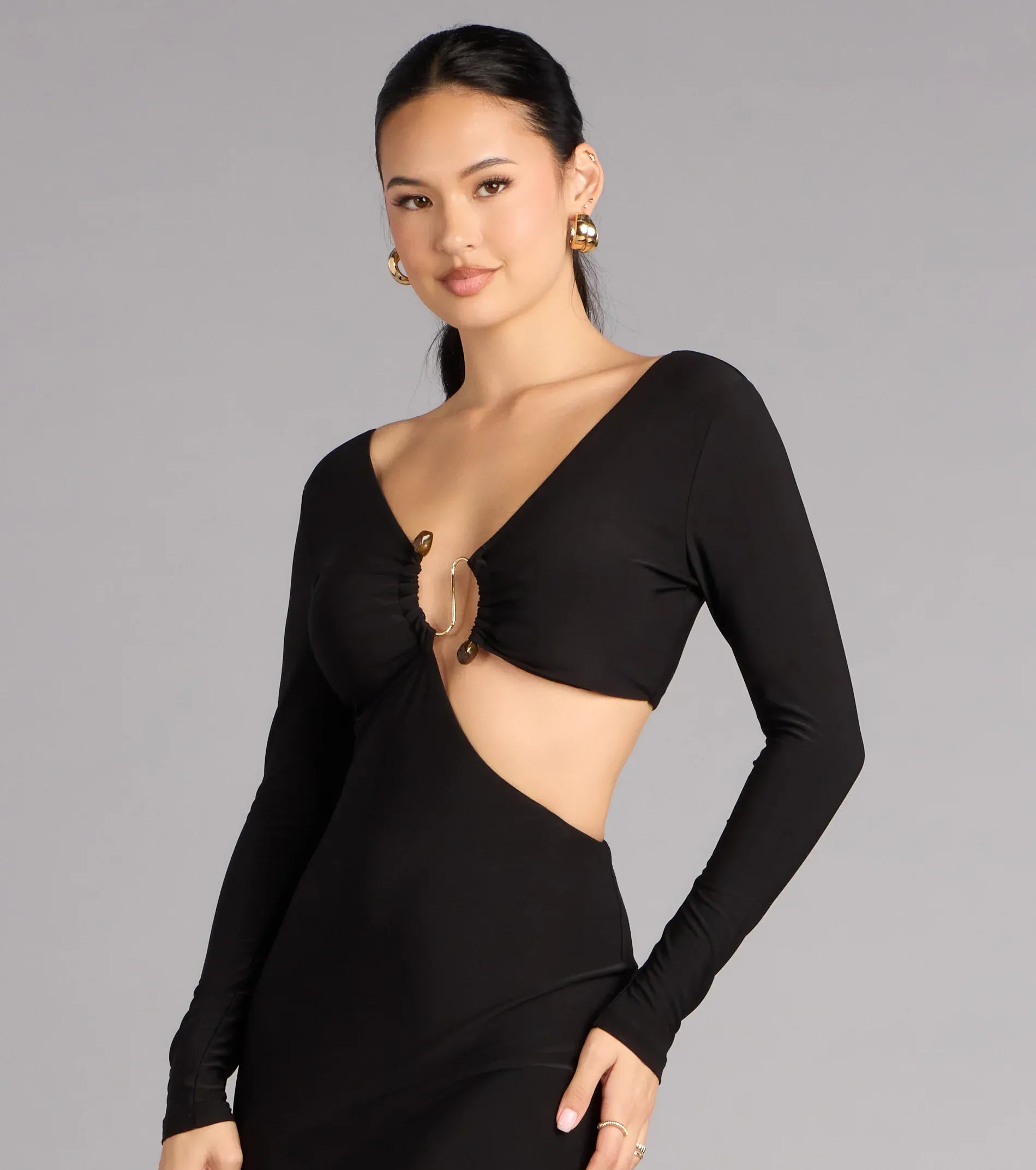 Long Sleeve Deep V Metal Ring Asymmetrical Cutout V Back Plain Slit Black Jersey Mermaid Maxi Wedding Guest Dresses