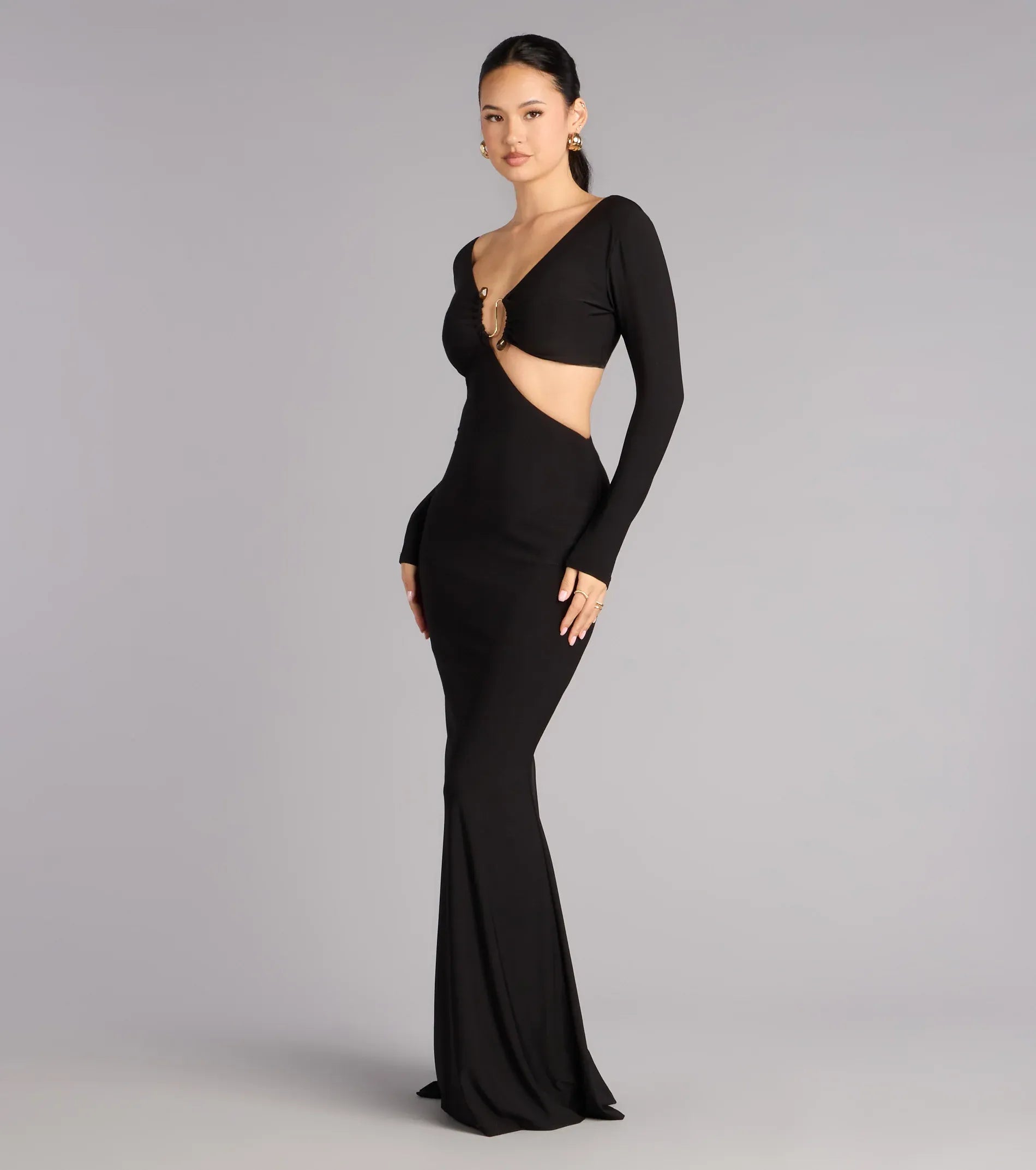 Long Sleeve Deep V Metal Ring Asymmetrical Cutout V Back Plain Slit Black Jersey Mermaid Maxi Wedding Guest Dresses