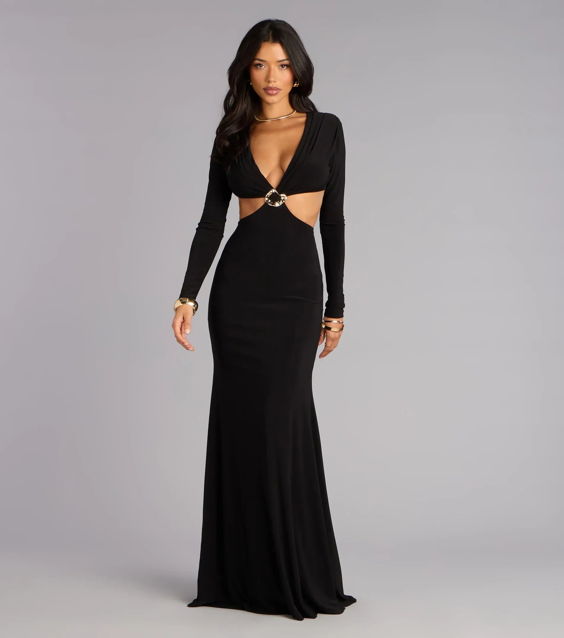 Long Sleeve Deep V Metal Ring Cutout Plain Back Plain Slit Black Jersey Mermaid Maxi Wedding Guest Dresses