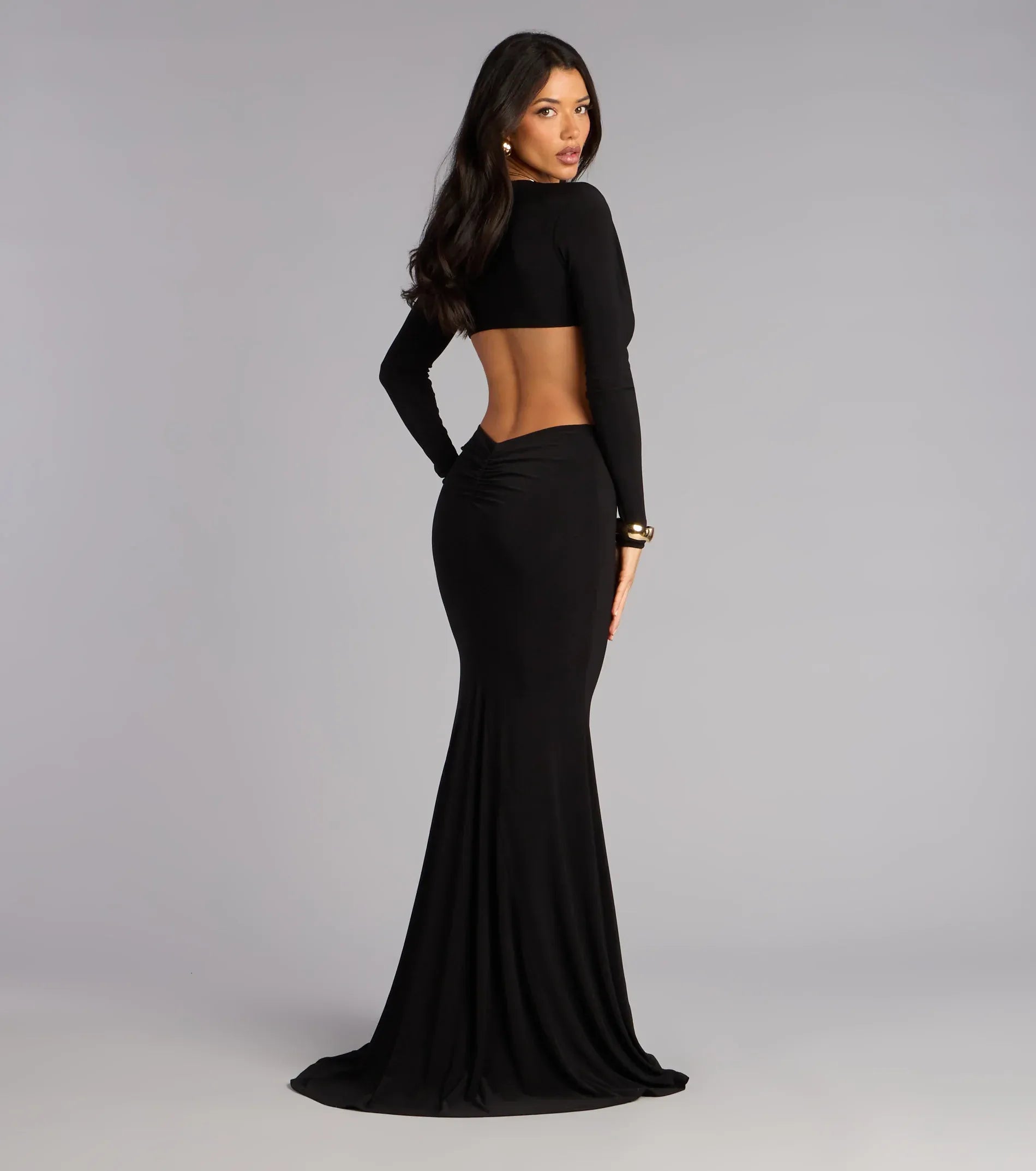 Long Sleeve Deep V Metal Ring Cutout Plain Back Plain Slit Black Jersey Mermaid Maxi Wedding Guest Dresses