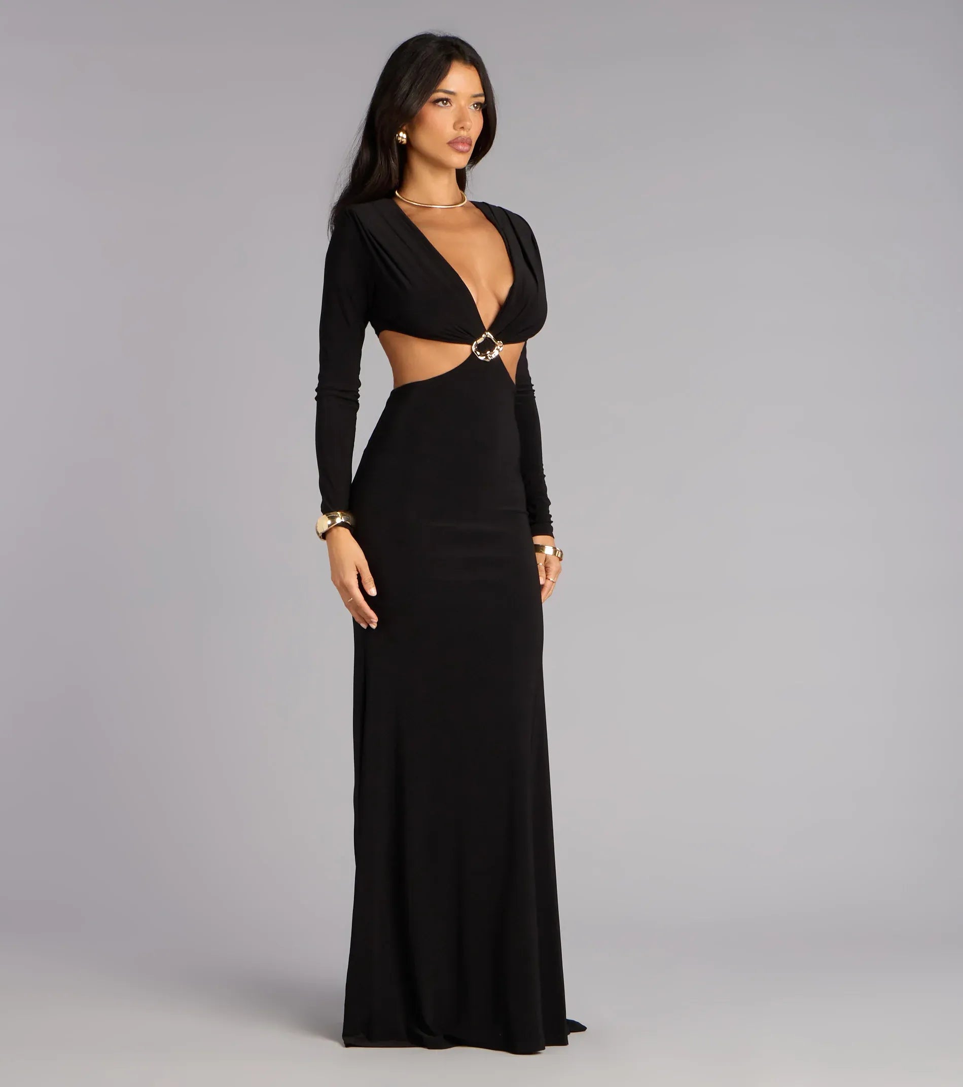 Long Sleeve Deep V Metal Ring Cutout Plain Back Plain Slit Black Jersey Mermaid Maxi Wedding Guest Dresses