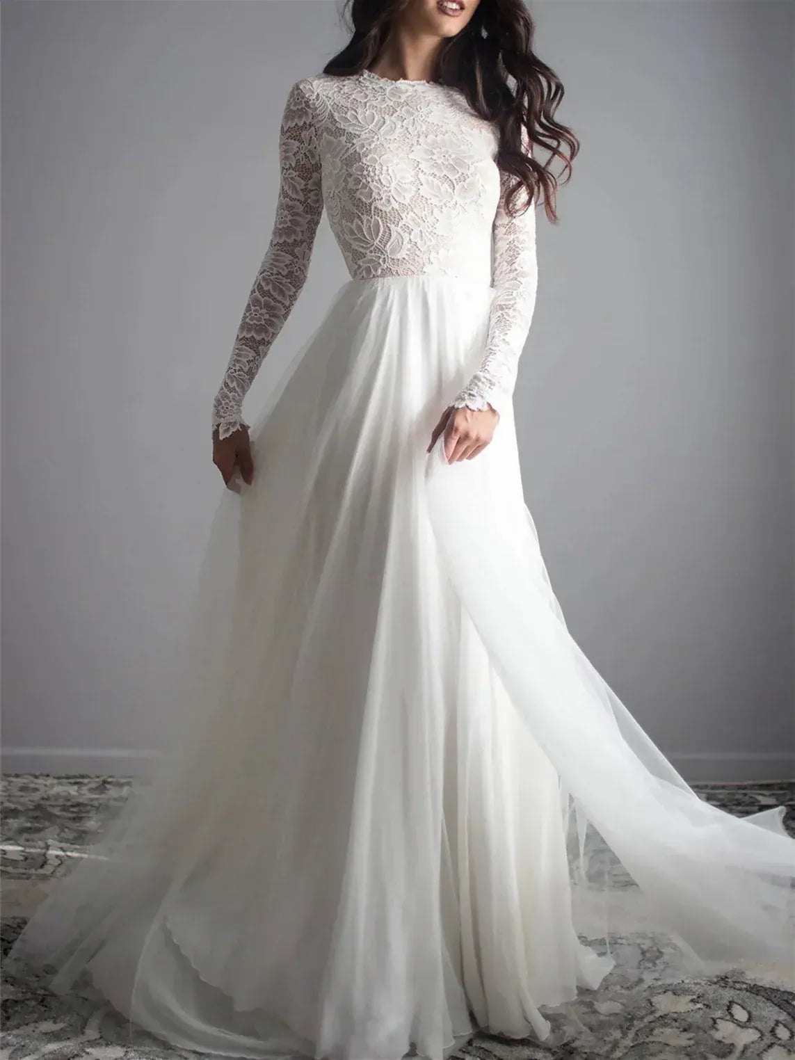 Long Sleeve Floral Lace High Neck Open Back Soft Tulle A-Line Beach Wedding Dress